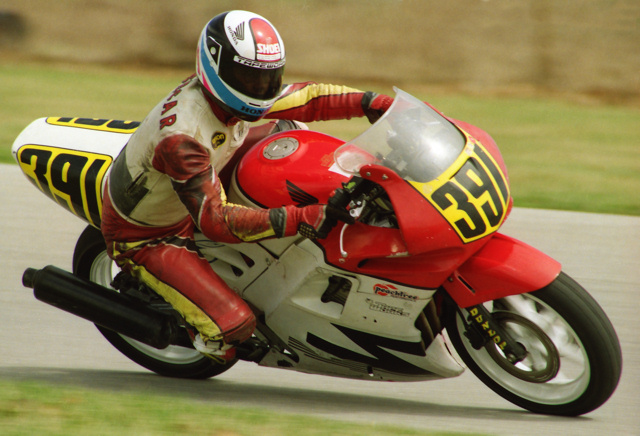 Masecar, Russell - IRP 4-93 Russell Masecar enters the carousel on his sharp-looking Honda CBR600 F2 at Indianapolis Raceway Park during WERA Sprint races on April 4, 1993. Russell scored a pair of podium finishes – one of them in A Production, which meant he beat a lot of bigger bikes on the horsepower hungry track. (Larry Lawrence photo)