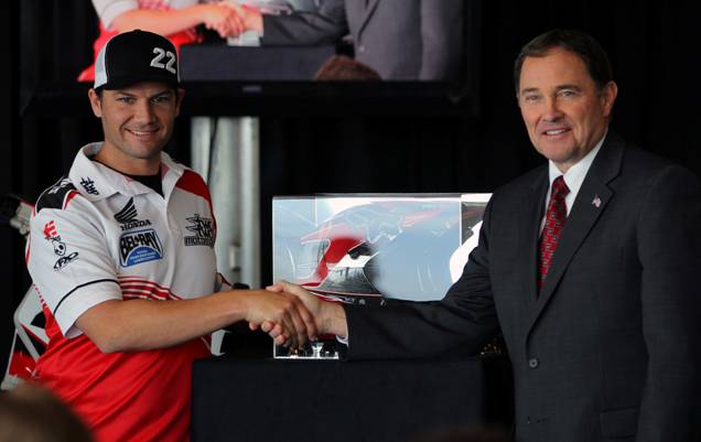 Chad Reed Presents Utah Governor Gary R. Herbert with an Autographed Helmet to Welcome Monster Energy Supercross Back to Salt Lake City and Rice-Eccles Stadium. (Photo courtesy Feld Motor Sports)