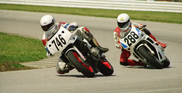 Bill Sweeney (No. 746) and his younger brother Mark Sweeney (No. 288) race one another on their Yamaha FZR600s in a WERA Sprint race at Indianapolis Raceway Park in April of 1993. Bill beat little brother for the final podium spot in C Superstock that day, but Mark came back and edged his brother to take third in C Superbike. (Larry Lawrence photo)