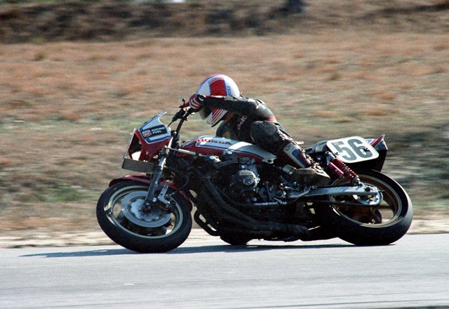 Swims, Dean - Roebling Road - Feb 1986-sm(a) Deano Swims has Battle Axe heeled over in a WERA race at Roebling Road. (Larry Lawrence photo)