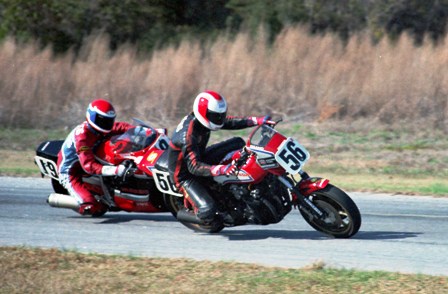 Swims Honda-sm Dean Swims and his Honda CB900F Superbike leads Thomas Stevens (I think) at Roebling Road.