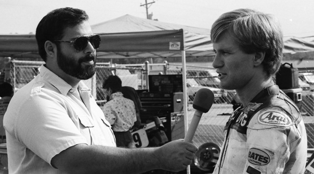 Torres - Toland Denis Torres interviews Doug Toland during the 1986 Suzuki GSXR Cup Finals at Road Atlanta.(Larry Lawrence photo)