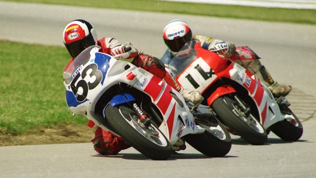 Lanny Allen leads Dean Hayes in a WERA C Superstock race at Indianapolis Raceway Park in April 1993. The two were having a great battle when Allen’s Honda CBR600F2 suddenly sputtered out of gas, giving Hayes the lead. Allen reached down and put the fuel switch on reserve. His bike fired back to life and Allen was able to get back past Hayes and beat him to the finish line by half a bike length. (Larry Lawrence photo)
