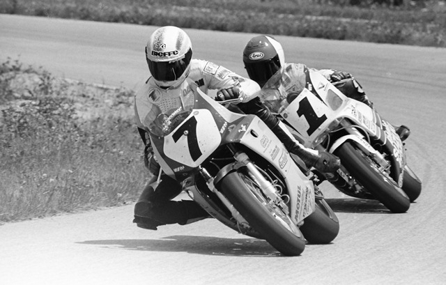 Arclight Putnam '93 Damon Harvey races the Arclight Racing II Honda CBR900RR in front of Team Suzuki Endurance rider Chuck Graves coming onto the front straight at Putnam Park Road Course in Mt. Meridian, Indiana, during a WERA National Endurance race on May 22, 1993. (Larry Lawrence photo)