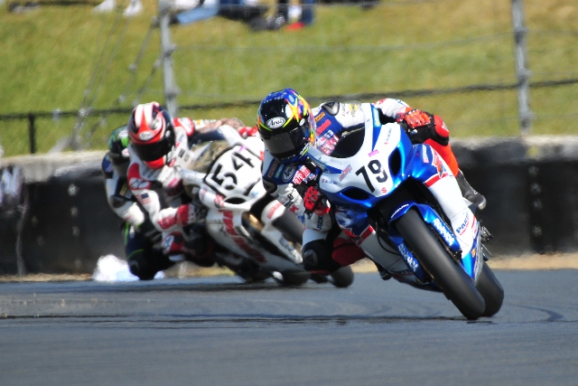 BYoungLeads.NJacobson-sm Suzuki's Blake Young benefited from an early-race mishap by Yamaha's Josh Hayes and went on to take the victory on Sunday at the Great Clips West Coast Moto Jam at Infineon Raceway. (Photo by Nate Jacobson)