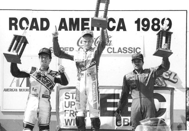 David Sadowski, Scott Russell and Scott Zampach celebrate on the podium after the AMA 750 Supersport race at Road America in June of 1989. (Larry Lawrence photo)