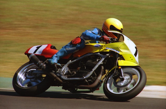 Falt, Eric - GNF '93 Eric Falt racing his national championship winning Honda VF500/Wood Rotax hybrid at the WERA Grand National Final at Road Atlanta in November of 1993. Falt won the Formula Clubman Expert title the year before over Tommy and Nicky Hayden. He led early in trying to defend the title in ’93, but he was caught up in lapped traffic late in the race and was unable to retain his No.1 plate. Today Falt’s Honda/Rotax is on display at Scoots 'n Scoops, a combo motorcycle museum and ice cream parlor in Ben Wheeler, Texas. (Larry Lawrence photo)
