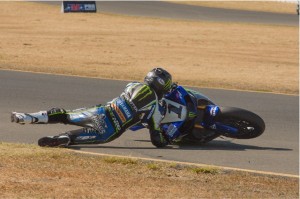 HayesCrash2.SScharf-sm Defending champ Josh Hayes lost the series lead by way of a crash at Infineon. "I was just riding hard. (Teammate Josh) Herrin was right there, and I wanted to stay in front. I rode too hard into the turn." (Photo by Stephen Sharf)