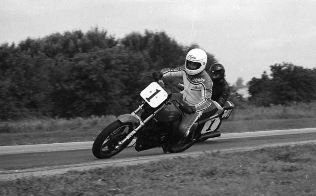 Jerry Holm races his Honda FT500 Ascot through a turn at Road America in Elkhart Lake, Wisconsin, during a WERA sprint race in 1984. Holm’s Honda wears the No. 1 plate because he’d won a WERA National title. (Larry Lawrence photo)