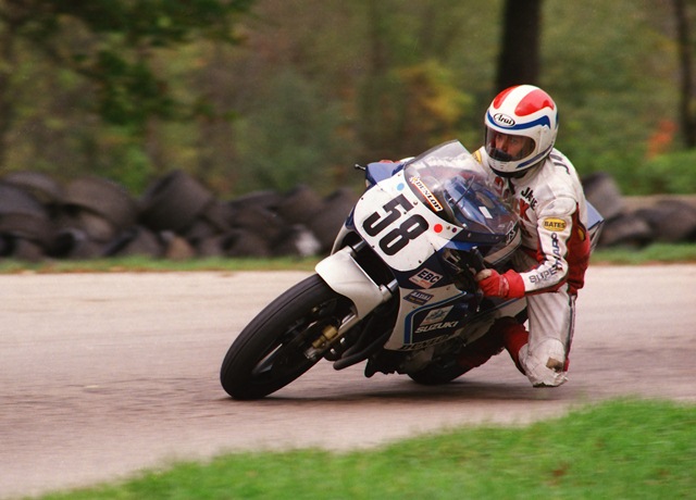 James, Jamie - Blackhawk Sept. '87 Jamie James races his Suzuki GSXR750 at Blackhawk Farms Raceway during a WERA Sprint race in September of 1987. James was traveling to club races across the country chasing Suzuki contingency money and taking the time to race some AMA Pro events too. I think it was a pretty big surprise when James showed up at Blackhawk for this race. (Greg Sickmeier Collection)