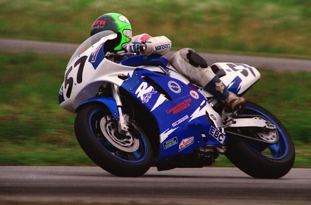Junge - Putnam '93 Mark Junge races his Suzuki GSXR750 at Putnam Park Road Course during a WERA Sprint event in July of 1993. Junge was still fairly early in his racing career and just beginning to chase Suzuki contingency money. (Larry Lawrence photo)