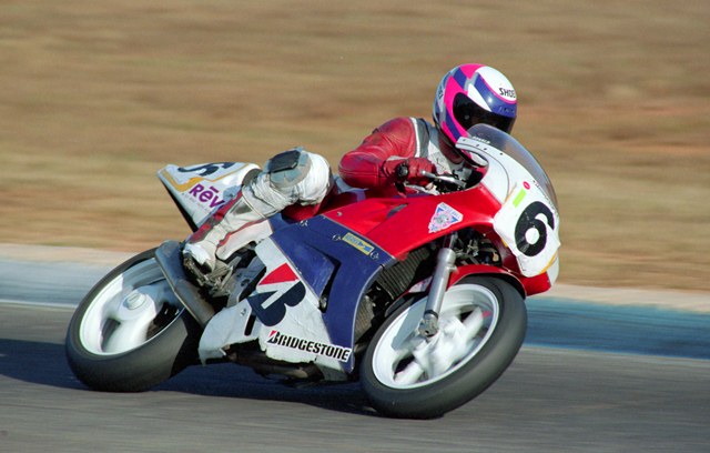 Ron McGill’s ear-splitting Honda Hawk was one of the coolest bikes at the 1991 WERA Grand National Final. McGill ruined the day for Yamaha FZR400 riders in the D Superbike class in the championship final, but when second-place finisher Bryan Hanson filed a protest on McGill’s Honda, McGill refused to tear down his machine and forfeited the championship to Hanson. (Larry Lawrence photo)