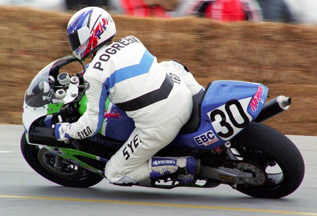 Pogreba, Mike - IRP April '94 Mike Pogreba approaches the hairpin turn on his Kawasaki ZX-7 at Indianapolis Raceway Park during WERA Sprint races in April of 1994. Pogreba scored a pair of podium finishes at IRP – a third in A Superstock and second in Formula One. (Larry Lawrence photo)