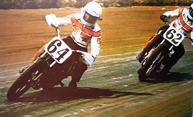Gary Scott leads fellow Harley-Davidson factory rider Corky Keener during an AMA Grand National race in 1975. That year Scott earned his one and only AMA Grand National Championship and then had his infamous split with Harley-Davidson. (AMA press kit photo)
