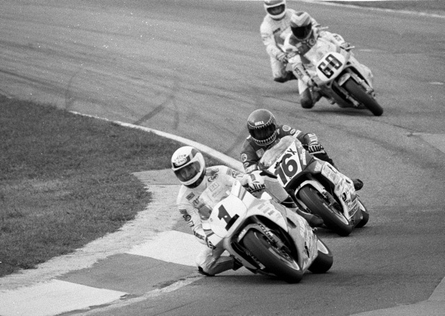 Smith - FUSA '91 Mike Smith (No. 1), on a specially-built Yoshimura GSXR 1340cc beast that produced 200 horsepower, leads Tom Kipp (No. 16X), on a Wiseco Yamaha OW01 hybrid, Kurt Hall, on the famous Methanol Monster, and Mike Harth on a Dutchman Suzuki GSXR1100. Smith went on to finish second to Yamaha YZR500-mounted Rich Oliver in the second Formula USA leg at Road Atlanta in November of 1991. (Larry Lawrence photo)