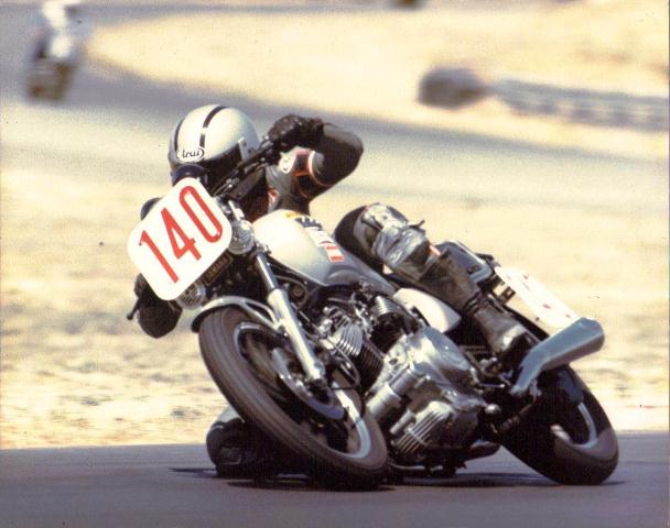 Chris Steward racing his factory Yamaha XV920 at what looks like Sears Point. Steward won the Stock Production class of the AMA Battle of the Twins Series in 1982. It was so stock that the factory tool kit was still on the bike when he crashed it at Sears. (Chris Steward Collection)