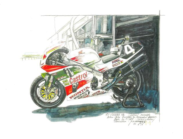 The 1997 Castrol Honda RVF750 ridden by Alex Barros and John Kocinski as illustrated by the late great Masaki Okamoto.