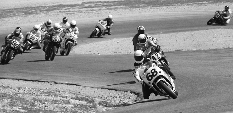 Bruce Tebo leads Arclight Racing’s Peter Hively (No. 92) and other teams during the 24 Hours of Willow, part of the WERA National Endurance Series in April of 1991, in Rosamond, Calif. Tebo, along with Del Amo teammates Curtis Adams, Steve Biganski, Peter Carroll, Robert Miller and Dean Mizdal, finished a very solid fifth overall, second in the Heavyweight Superbike class. (Larry Lawrence photo)