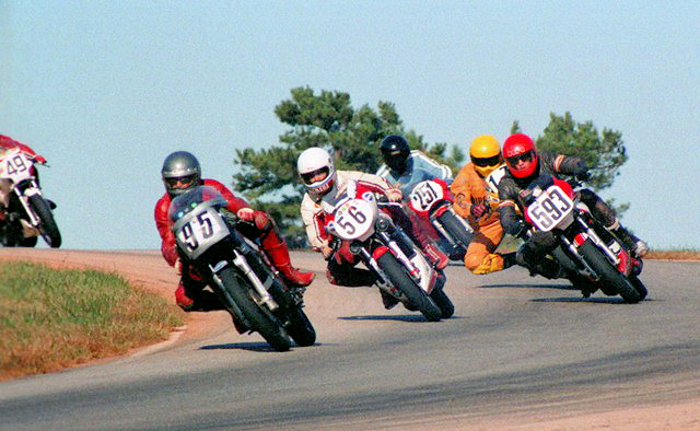 I believe this is a group of riders racing in the WERA D Superbike final at the WERA Grand National Final at Road Atlanta in November of 1984. If I’m correct that’s Johnny Dupont (No. 95) leading Brian Berney (56), Mark Turner (593), Jim Kellogg (17) and Daniel Moe (251). (Larry Lawrence photo)