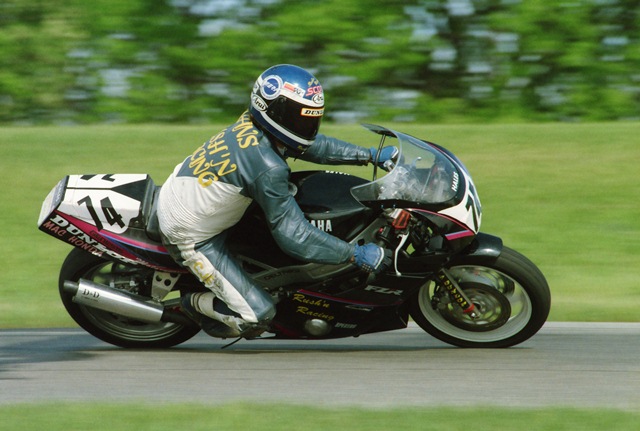 Evans, Scott - Rush N Racing - Grattan 5-91 Scott Evans races the Rush’n Racing Yamaha FZR600en route to victory in the Mediumweight Superbike class in the Grattan 8 Hour SBS/PM WERA National Endurance race in May of 1991. (Larry Lawrence photo)