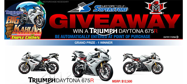 The Triumph Daytona 675R Sweepstakes, hosted by M1 PowerSports in conjunction with Motorcyce-Superstore.com, ends next Monday, June 25, 2012. One lucky Grand Prize winner of the Triumph Daytona 675R Sweepstakes will take home a brand-new 2012 Triumph Daytona 675R.
