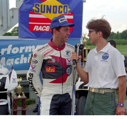 Martin - Hall - Putnam '94 Kurt Hall, who’d retired from racing the year before, but was still working for WERA, interviews Michael Martin after Team Suzuki Endurance won the Sunoco/Performance Machine WERA National Endurance race at Putnam Park Road Course in July of 1994. (Larry Lawrence photo)