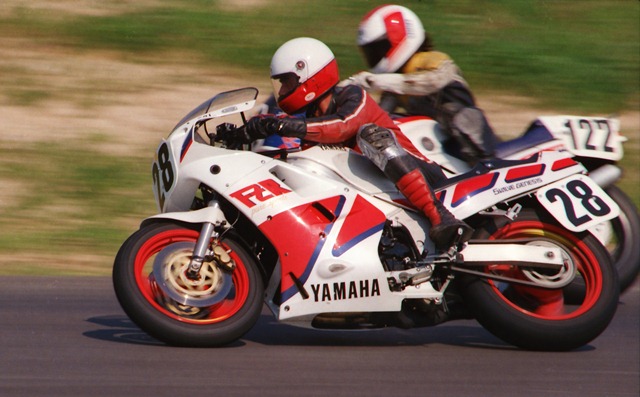 Martin - Pummell - Grattan '87 Dennis Martin (No. 28), on his FZR750, races side by side with Honda VFR750 mounted Phil Pummell at Grattan Raceway during a WERA Sprint race in September of 1987. (Larry Lawrence photo)
