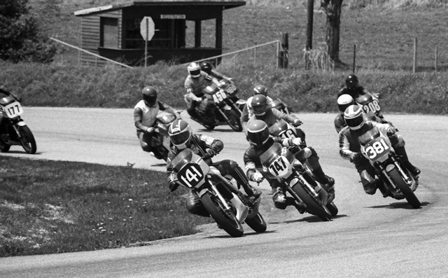 Novice racer Stevie Patterson (No. 141) beat all other D Production racers into the first turn during this WERA sprint race at Grattan Raceway in May of 1986. Following Patterson through turn one is Andy Fenwick (No. 747) and Jerry Washburn (No. 381). (Larry Lawrence photo)