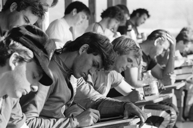 This is a rare find! I believe that is Scott Russell taking his riders school test (with the Gatorade bottle in front of him), during his first road race weekend at Talladega Gran Prix Raceway in February of 1986. (Larry Lawrence photo)