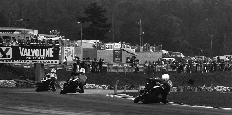 Suz Cup 1100 - 1986 Doug Polen leads Ron Ewerth and Dan Chivington in the 1986 Suzuki GSXR1100 Cup Final held during the WERA Grand National Final at Road Atlanta in November of 1986. Chivington took over the lead on the final lap to win the race. (Larry Lawrence photo)