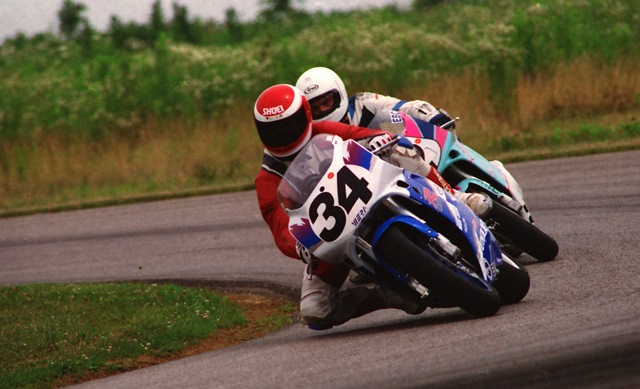 Wade, Dan - Putnam '93 Dan Wade races his Suzuki GSXR750 just ahead of Brian Lantz in a WERA B Superbike race at Putnam Park in July of 1993. Wade went on to finish third in the race behind Eric Smith and Lantz. (Larry Lawrence photo)