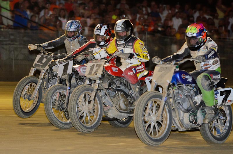 The front row Jared Mees (9), Jake Johnson (1), Henry Wiles (17) and Sammy Halbert (7) launches for the restart of the Lima National. Halbert beat out Wiles after the two collided on the back straight on the final lap. (Photo by Ken Kerr)