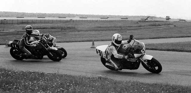 Aldana - Pocono '85 David Aldana has time to wave at the photographers as he races the Cycle Tech Racing Suzuki GSXR750 in a WERA National Endurance race at Pocono in June of 1985. (Larry Lawrence photo)