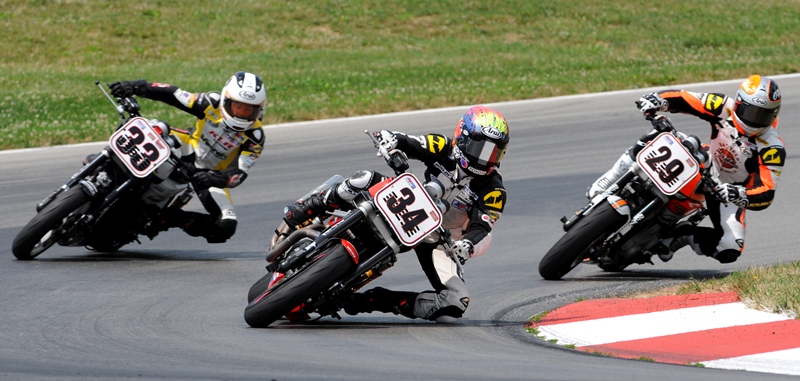 Barnes - Mid-O 2012 Veteran Michael Barnes (No. 34) leads Kyle Wyman (No. 33) and Tyler O'Hara (No. 29) in Sunday's Vance & Hines XR1200 final at Mid-Ohio. O'Hara eventually took the victory over Wyman and Barnes. (Larry Lawrence photo)