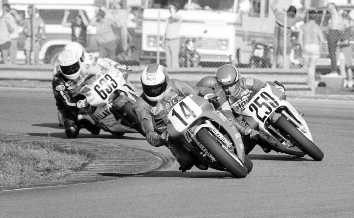 Beesch, Bill - 1987 Bill Beesch (No. 14) leads James Henderson (No. 250) and Eddie Laycock (No. 633) at the 25th annual Daytona International Lightweight (250GP) race in March of 1987. (Larry Lawrence photo)