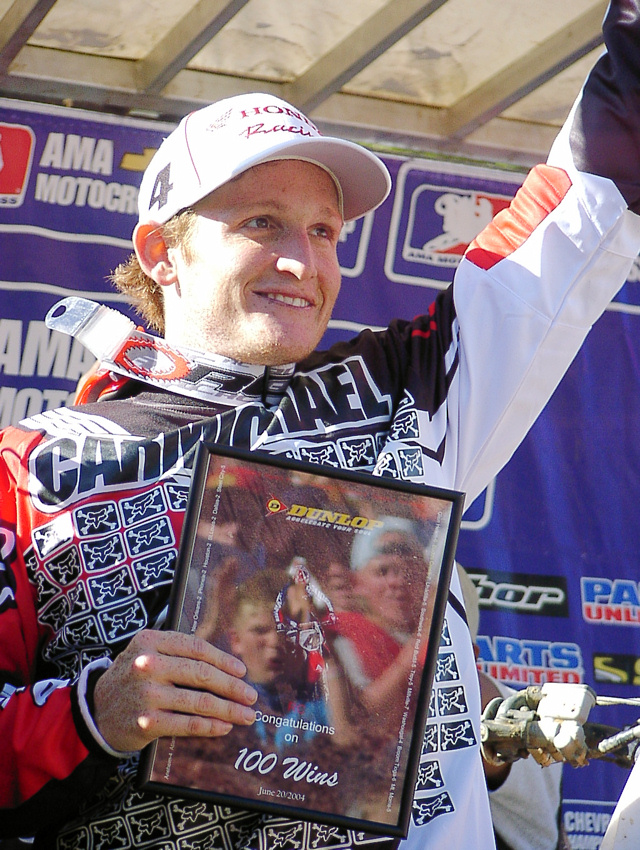Carmichael's 100th Ricky Carmichael made history in Budds Creek, Maryland, on June 20, 2004, when he scored his 100th AMA professional win. (Larry Lawrence photo)