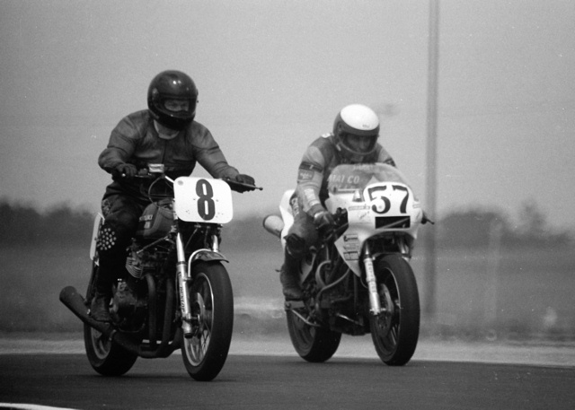 Cooper, Stuart - Gateway '85 Stuart Cooper, riding his very unique Yamaha Vision-based Battle of the Twins bike, passes another rider at the debut road race at Gateway International in April of 1985. Cooper easily won the race that day to give him the distinction of being the first rider to win a race at Gateway. His road racing machine was quite possible the fastest Yamaha Vision ever built. (Larry Lawrence photo)