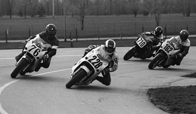 Gaynor, Jeff - IRP April 1989 Canadian Jeff Gaynor leads a group of riders through the hairpin turn at Indianapolis Raceway Park during a WERA sprint event in April of 1989. (Larry Lawrence photo)