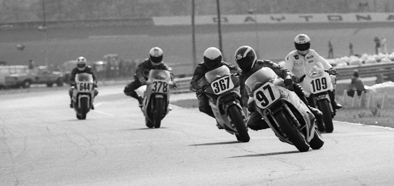 Giaimo, Fred - Daytona 1987 Fred Giaimo (No. 97) leads Tony Rauseo (No. 367), Buddy Keller Jr. (No. 109), Mike Walsh (No. 378) and an unidentified rider No. 644 in one of the Twin 50 races at Daytona International Speedway in March of 1987. (Larry Lawrence photo)