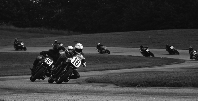 Mike Harlow (No. 16) leads the WERA A Superbike final on his Suzuki GS1100 at Grattan Raceway in September of 1984. (Larry Lawrence photo)