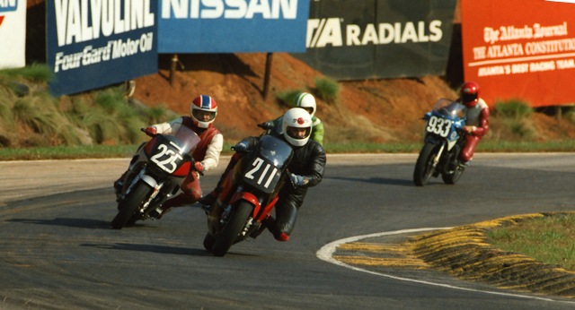 Montenegro, Tony - GNF 1985 Tony Montenegro (No. 211) corners his Kawasaki Ninja 600 ahead of a pack of big bikes that include Eric Littlefield (No. 225) on a Yamaha FJ1100 and John Clayton (No. 933) on a Suzuki GSXR750 during the 1985 WERA Grand National Final. (Larry Lawrence photo)
