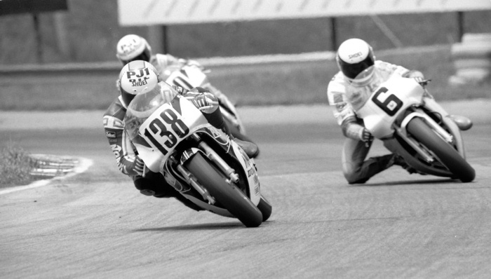 Rayborn, Cal III - Road Atlanta 1987 Cal Rayborn III races his Nordica Team Roberts Yamaha TZ250 ahead of Honda mounted Andy Leisner and Rayborn’s teammate John Kocinski at the Road AMA 240 Grand Prix race in May of 1987. (Larry Lawrence photo)