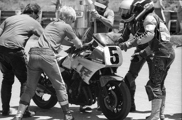 Speed Boys making a pit stop at Summit Point in June of 1985 during a WERA National Endurance race. Speed Boys won the race that day. (Larry Lawrence photo)