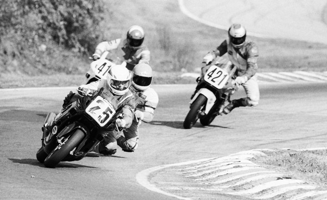 Jim Still leads Cam Roos, Fritz Kling (No. 421) and another rider, all on Honda 600 Hurricanes, in what is probably the C Production Expert final at the WERA Grand National Final in November of 1988. (Larry Lawrence photo)