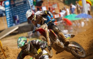 While Eli Tomac (back, 17) prevailed last weekend, Blake Baggett (front) still maintains control of the 250 Class standings. (Courtesy Simon Cudby)