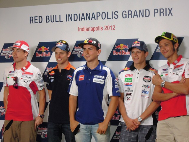 Indy presser The 2012 Red Bull Indianapolis GP press conference featured (L to R) Nicky Hayden, Casey Stoner, Jorge Lorenzo, Stefan Bradl and Valentino Rossi.