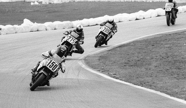 Jeurink, Larry - Daytona 1987 Michigan Superbike racer Larry Jeurink (No. 150) leads Deiter Lane (No. 275) of Colorado, Tennessee’s Jim Sherrill (No. 289) and Doug Dean of New York, through the chicane at Daytona International Speedway in the 1987 Daytona 200. (Larry Lawrence photo)