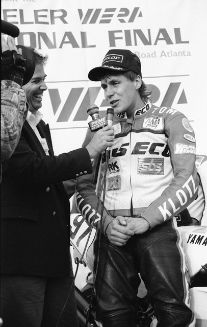 AMA Superbike regular Tom Kipp being interviewed after he won the $2000 bonus for being the first four-stoke finisher in the overall results in the season finale of the WERA Formula USA Series at Road Atlanta in November of 1991. (Larry Lawrence photo)