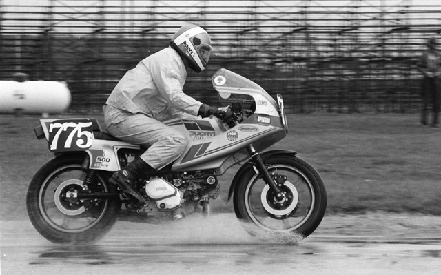 Charles Lang races his beautiful Ducati Pantah 500 SL in the rain at Indianapolis Raceway Park during a WERA Sprint race in April of 1985. (Larry Lawrence photo)
