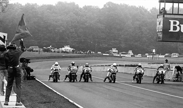 For a time in the early 1990s the AMA road races featured a race called the Monster Bike Shootout. It pitted the top finishing endurance teams in a five-lap sprint complete with a pit stop for rider change. This is the start of the Mid-Ohio Monster Bike Shootout at Mid-Ohio in August of 1990. The winner of the Shootout was Tom Kipp and Dale Quarterley on the Dutchman Racing Suzuki (No. 1). (Larry Lawrence photo)